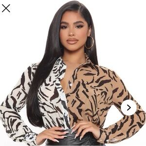 Fashion Nova Black and Brown Animal Print Button-Down Shirt